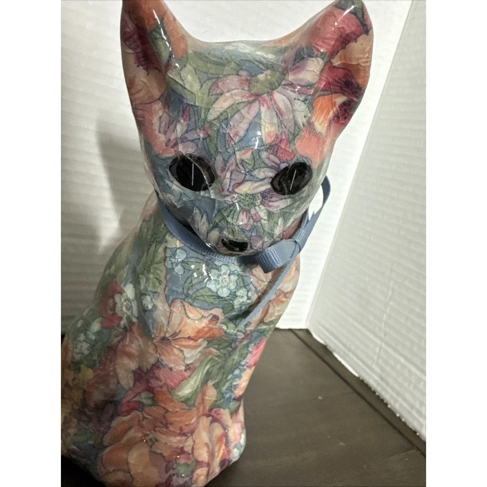 Vintage Floral Blue & Pink Decoupage Cat Figurine Sculpture 8